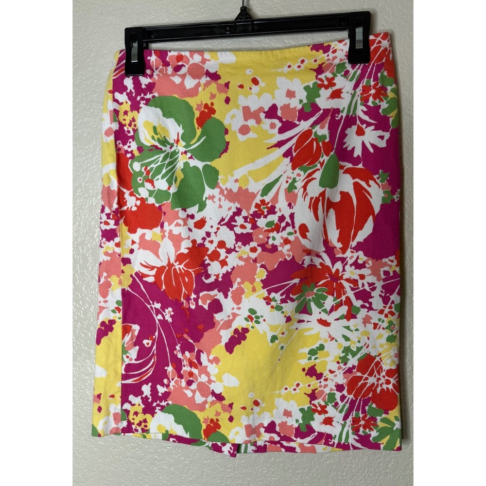 Talbots Womens 4P Pencil Skirt Yellow Pink Floral Piqué Textured Knee Length